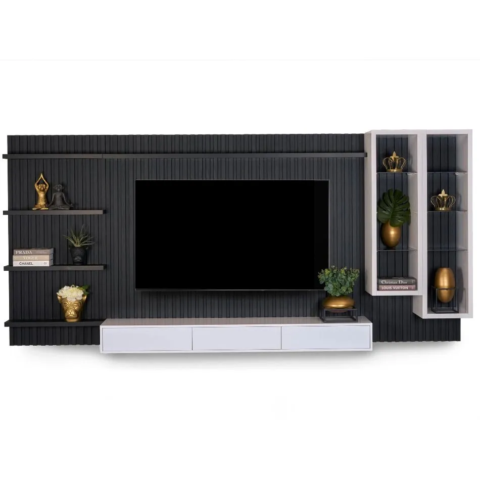 Sanctuary - 3Pce Black TV Stand - Slatted Backboard