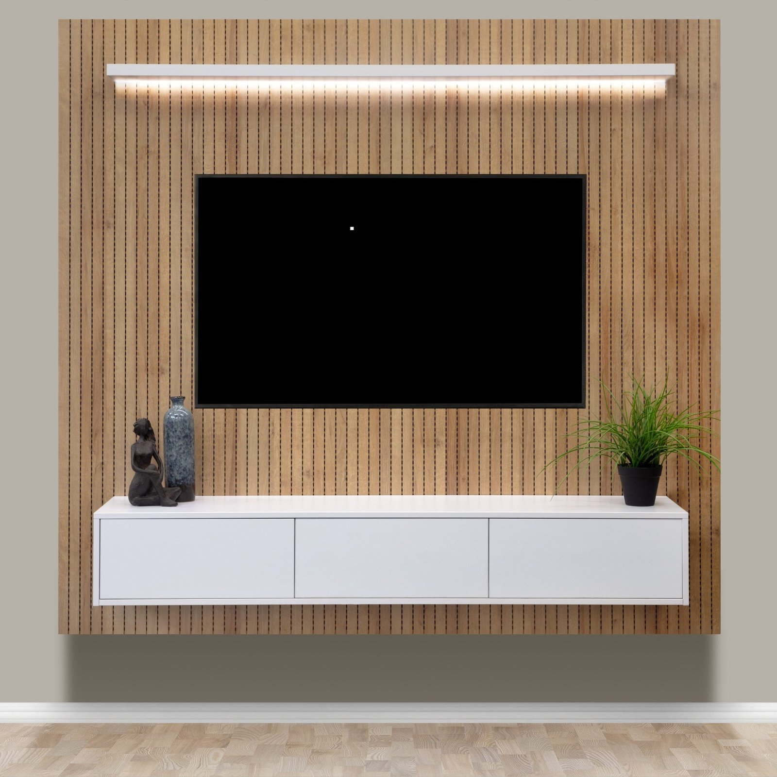 Westbrook - Floating TV Unit with Slatted Wall Panel - White